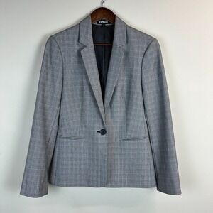 Express Blazer Jacket Womens 10 Black White Houndstooth Plaid Preppy Office